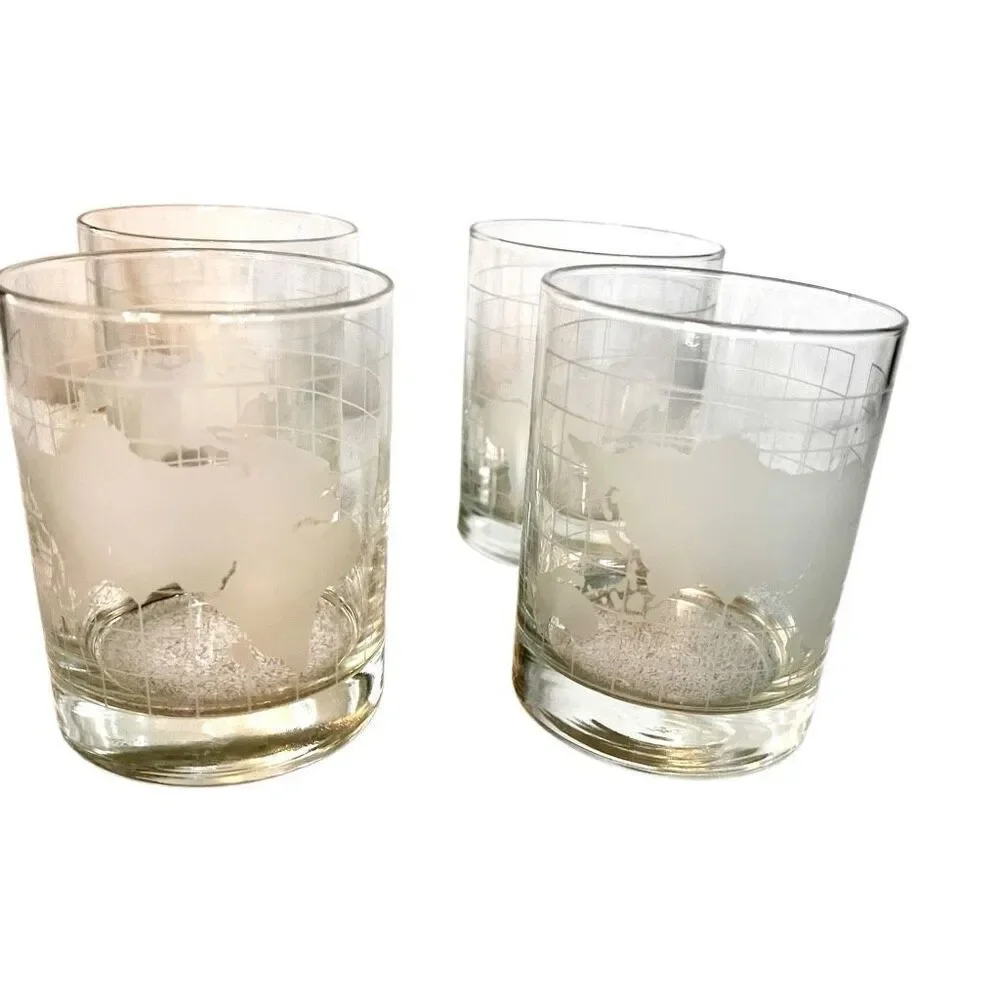 Set of 4 Vintage Nescafe Etched Glass World Map Globe Double Glass Tumblers